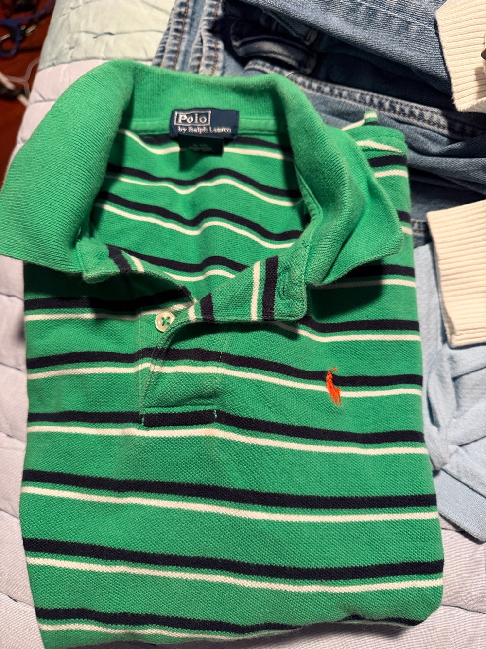 Polo by Ralph Lauren Green Navy White Striped Polo with Orange Pony